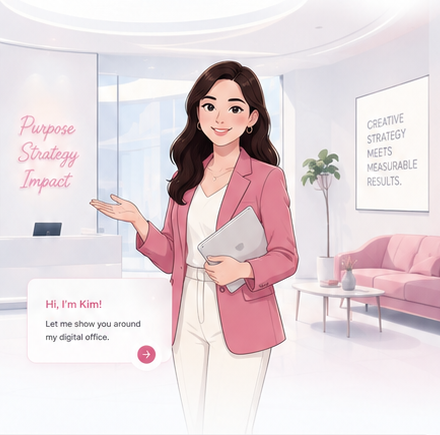 Illustrated digital office lobby with Kim as a guide